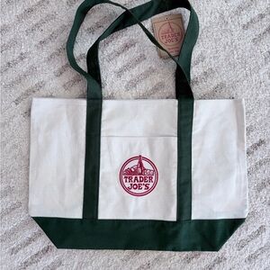 Trader Joe's White and Green Canvas Tote Bag